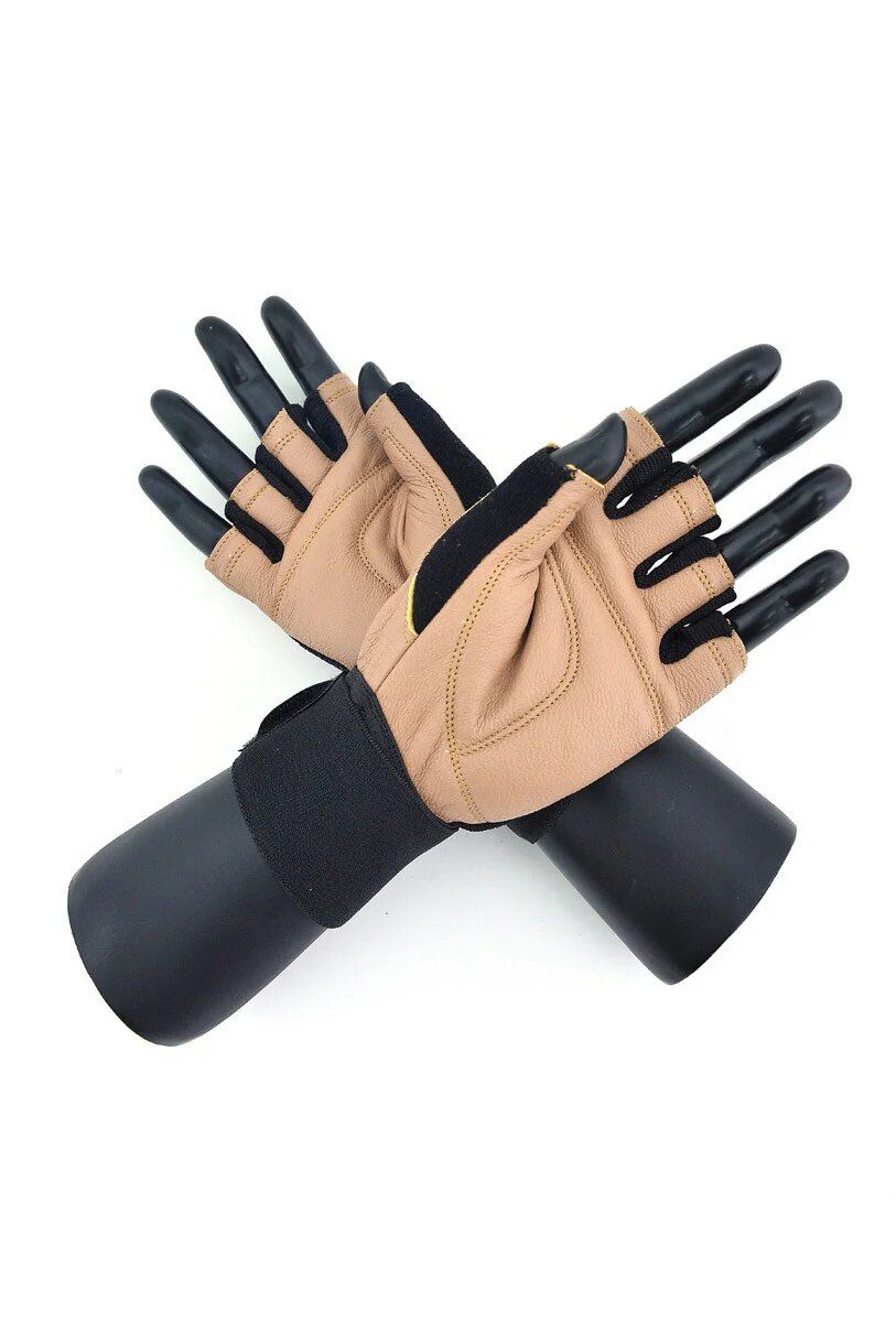 Перчатки для фитнеса с фиксатором мужские кожа коричневые Q11